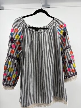 Ali Miles Black Stripe Tunic Floral Embroidered Bell Sleeve Top Size 1X